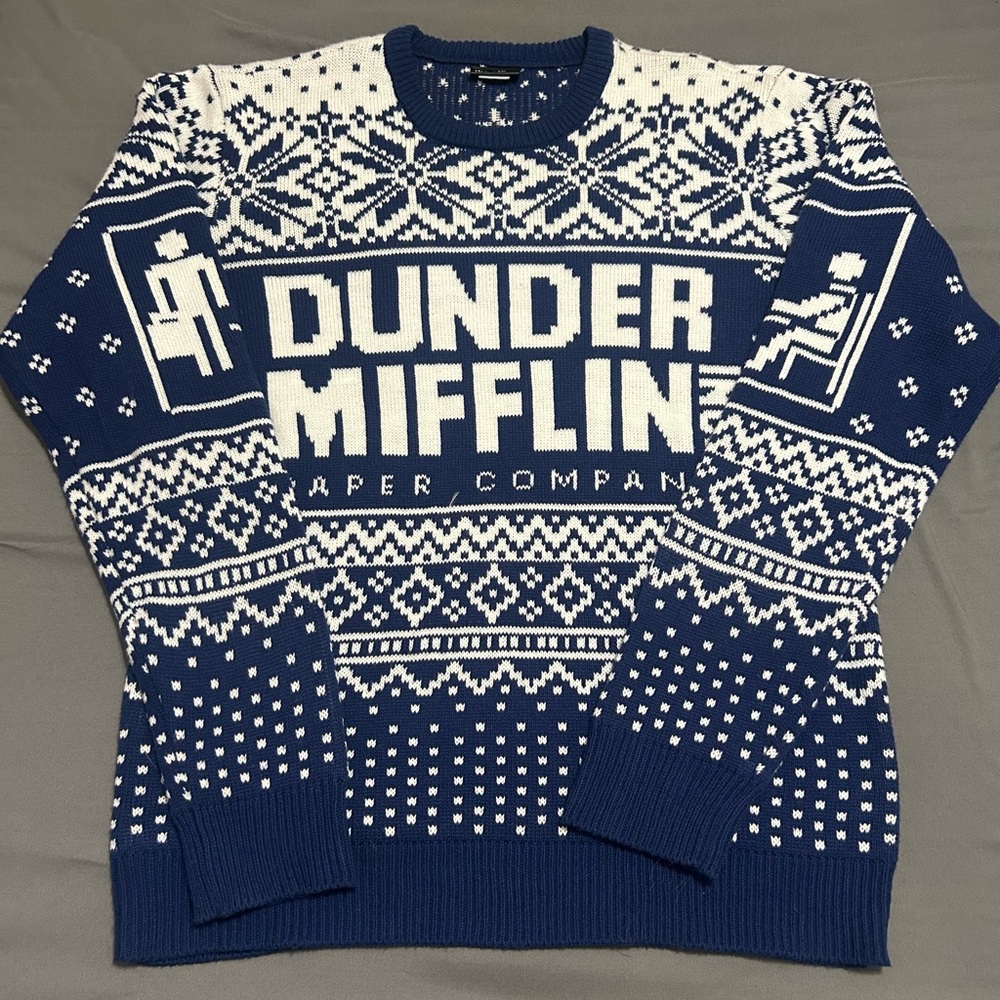 The Office Dunder Mifflin Large Blue and White Ugly Christmas Crew Neck Sweater